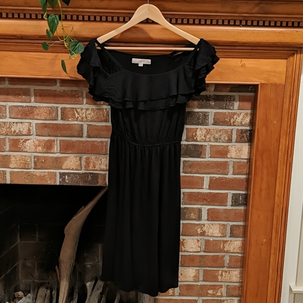 LOFT Black Jersey Off Shoulder Ruffle Dress XSP